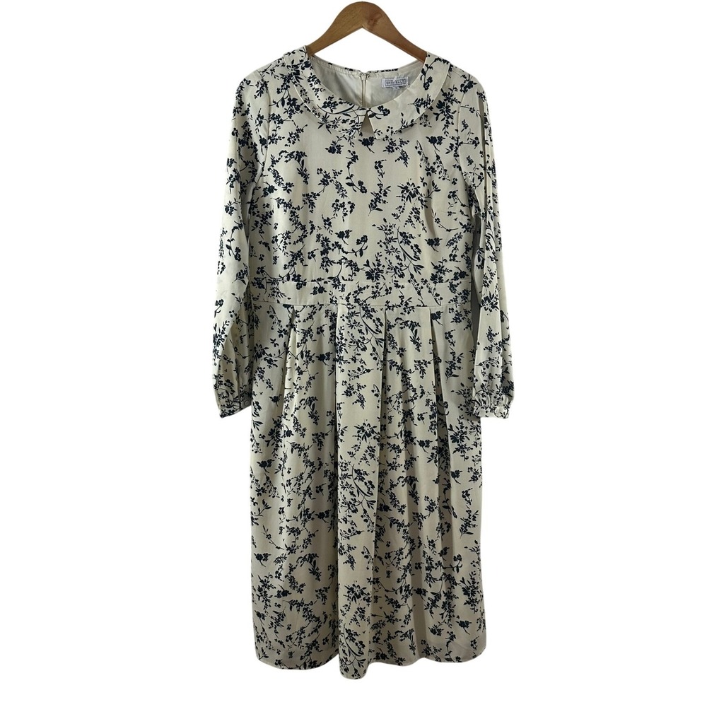 Sweet Salt Womens Floral Collar Midi Dress Cream Navy Pockets Size 10 NWOT